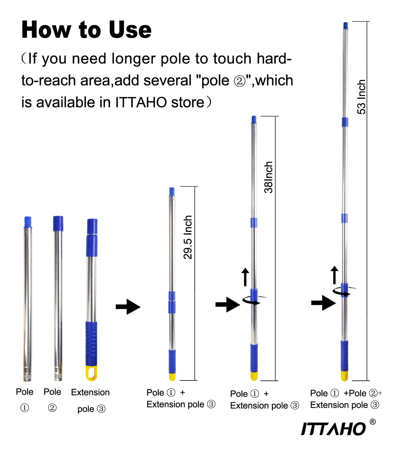 ITTAHO Stainless Steel Extension Pole,All Purpose Pole with Pole Attachment for Painting Microfiber Duster Ceiling Fan High Window Cleaning-Blue-4.8