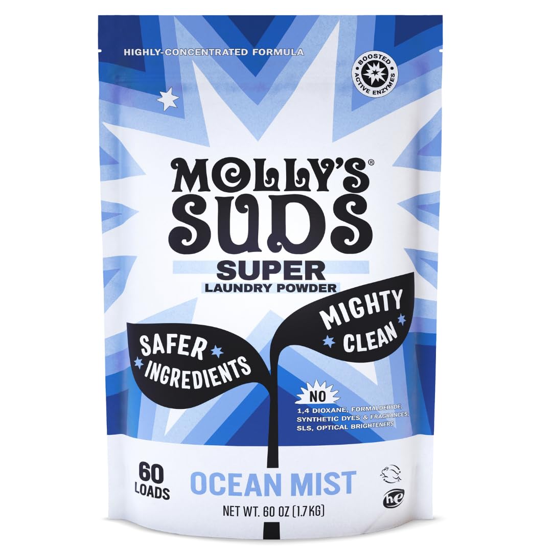 Molly's Suds Super Powder Detergent | Extra Strength Laundry Soap, Stain Fighting | Sensitive Skin | Simple, Effective Ingredients | 60 Loads - Ocean