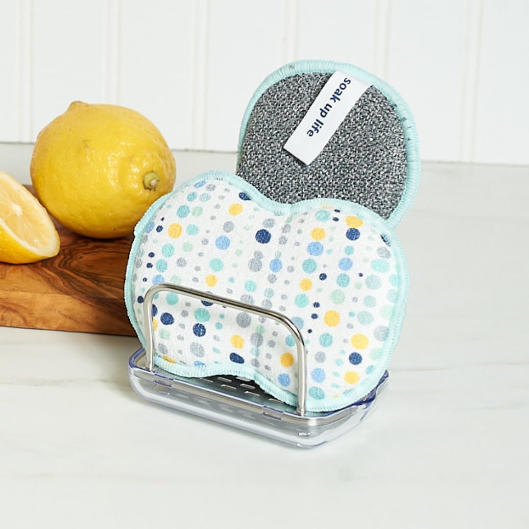 Bright Habits Sponge Set in Dot Blue, 6 Pack Super Absorbent Washable Reusable Cleaning Sponges Made from Recycled Materials, Durable Eco Friendly