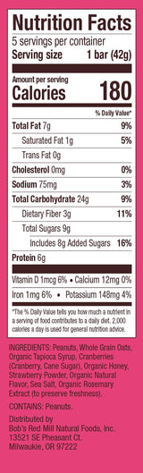 Bob's Red Mill Peanut Butter Jelly & Oats Snack Bar - 5 Bars (Pack of 1) - Gluten Free, Non-GMO, Whole Grain