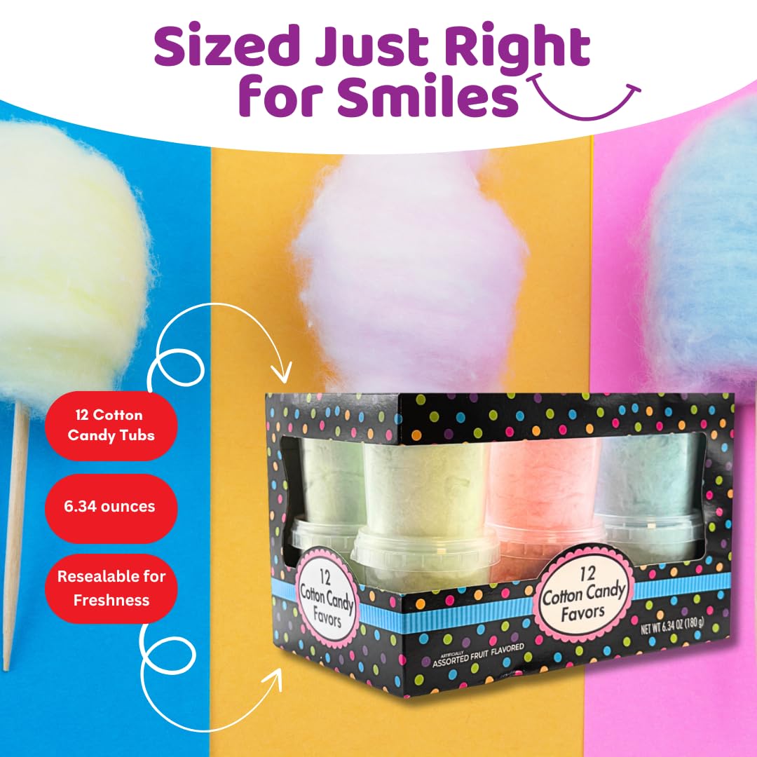 Albert's Variety Flavored Cotton Candy - 12 Pack - Fluffy Rainbow Assorted Sweet Treat - Resealable Tubs - Perfect for Parties & Events, (Assorted mix