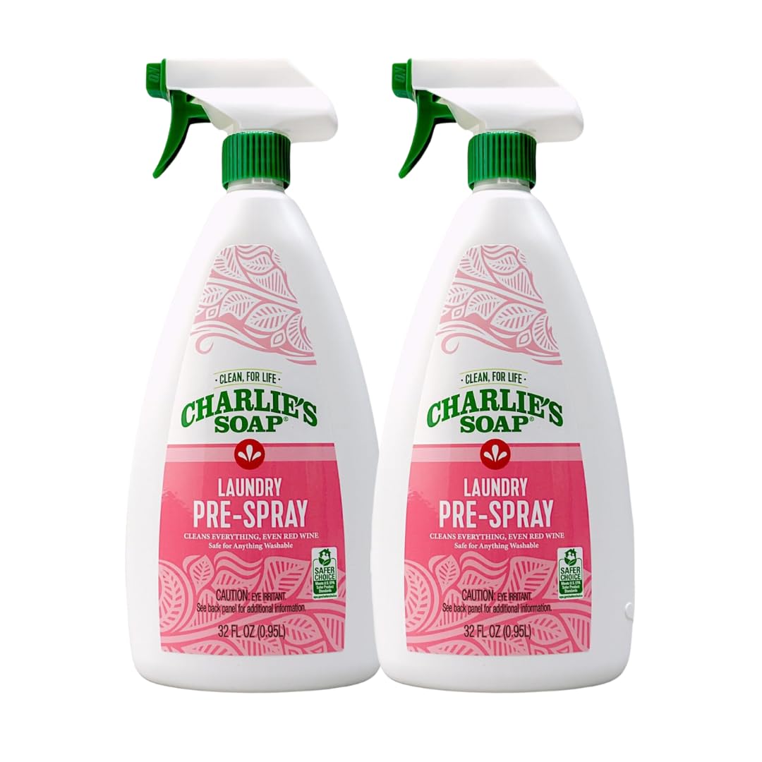 Charlie’s Soap Laundry Pre-Spray with Spray Top 32 Fl. Oz Bottle, Pack of 2, Natural Laundry Pretreat and Stain Remover - Powerful and Eco-Friendly