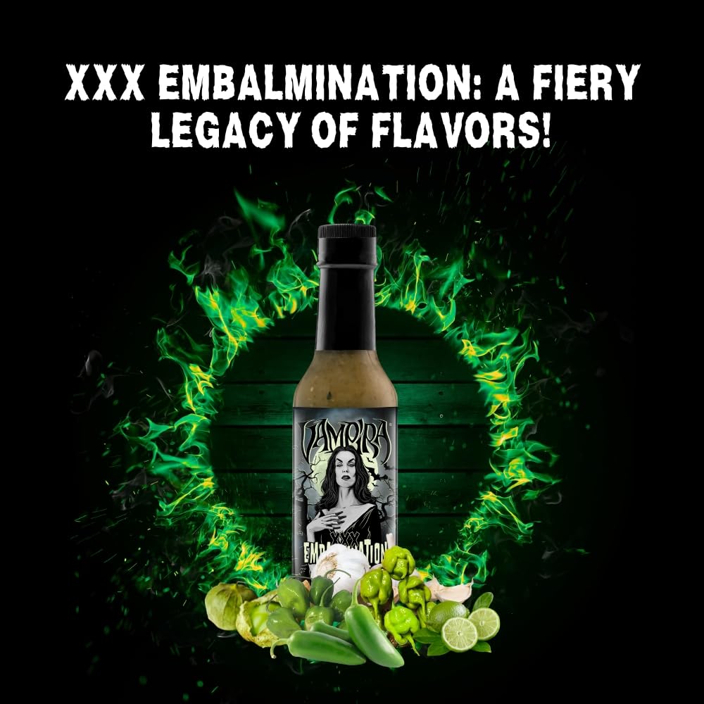 Hellfire Hot Sauce Vampira XXX Embalmination - Green Salsa Verde Gourmet Hot Sauce With Carolina Reaper Peppers, 5 oz.
