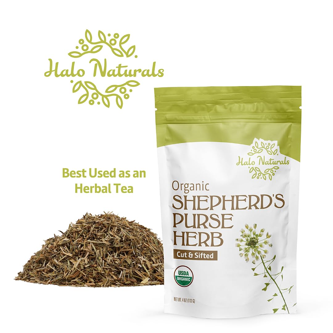 Halo Naturals Organic Shepherd's Purse Herb Cut & Sifted, 4 Ounces (Capsella bursa pastoris) USDA Certified | Resealable Pouch| Packaged in The USA