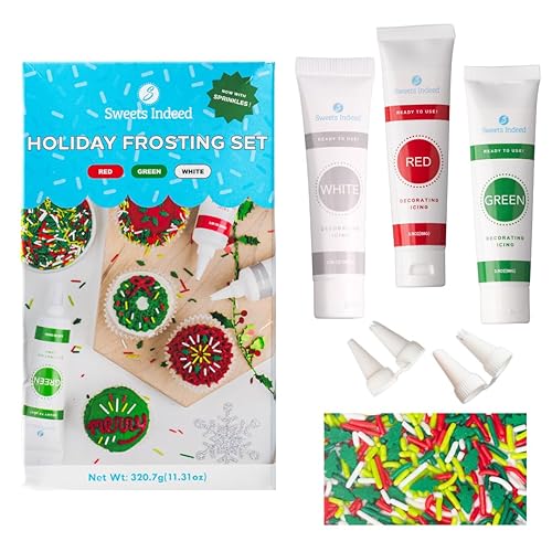 Sweets Indeed Christmas Cookie Decorating Kit - 11.31 oz | 3 Frosting Tubes (Red, Green & White) + 4 Decorating Tips + 2.5 oz Holiday Sprinkles