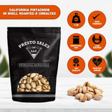 Presto Sales Pistachios In Shell California 16 oz. | Premium Roasted, Unsalted | Healthy, Natural, Vegan, Non-GMO | Vital Minerals Including