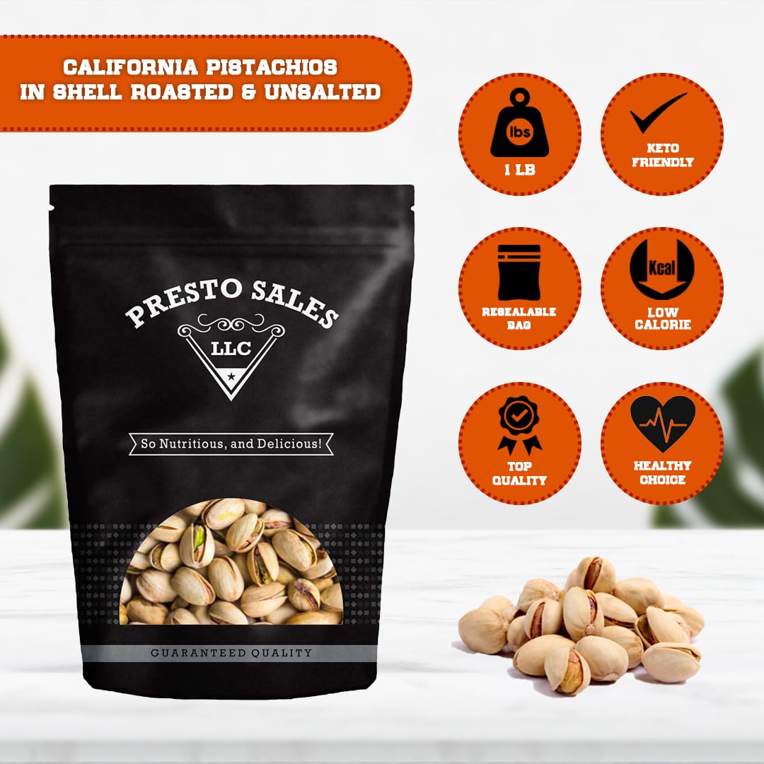 Presto Sales Pistachios In Shell California 16 oz. | Premium Roasted, Unsalted | Healthy, Natural, Vegan, Non-GMO | Vital Minerals Including