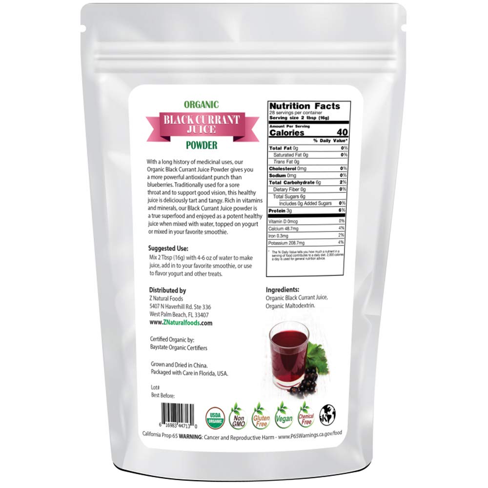 Z Natural Foods Organic Black Currant Juice Powder, Superfood Berry Supplement, Mix In Smoothies, Shakes, Tea, Cooking & Baking Recipes, Non GMO