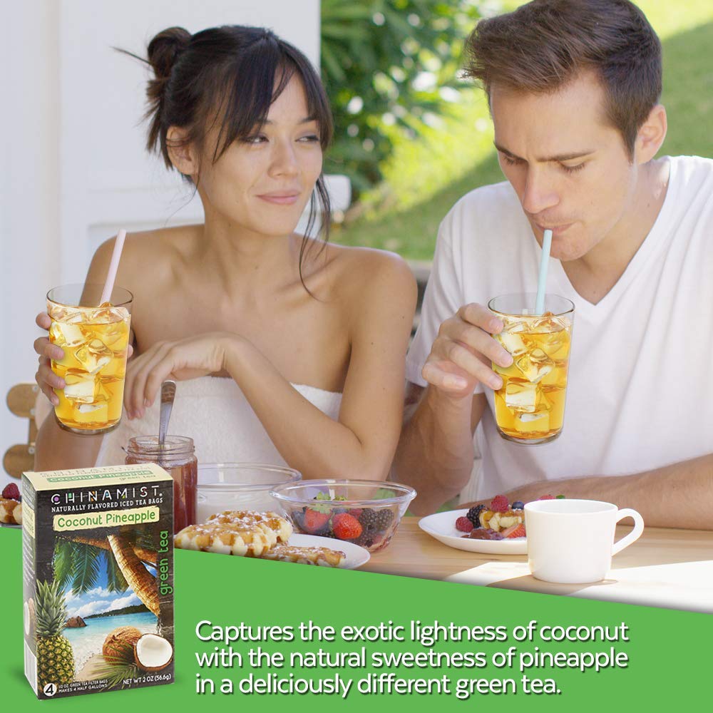 China Mist Iced Tea - Coconut Pineapple Green Tea Infusion - Refreshing and Delicious - Each Tea Bag Yields 1/2 Gallon - 4 bags.