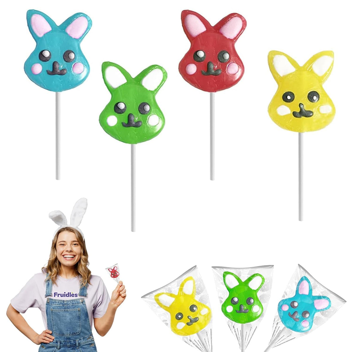Happy Easter Bunnies Lollipops Suckers, Colorful Easter Eggs, Yellow Bunny Rabbit, Orange Carrot Designs Fat-Free, Individually Wrapped Pops