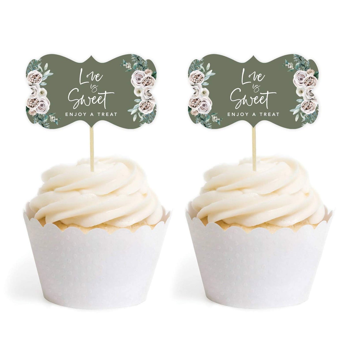 Andaz Press Sage Green with Cream Floral Blossoms Fall Wedding Party Collection, Cupcake Topper DIY Party Favor Kit, Fancy Frame Shape, Love is Sweet