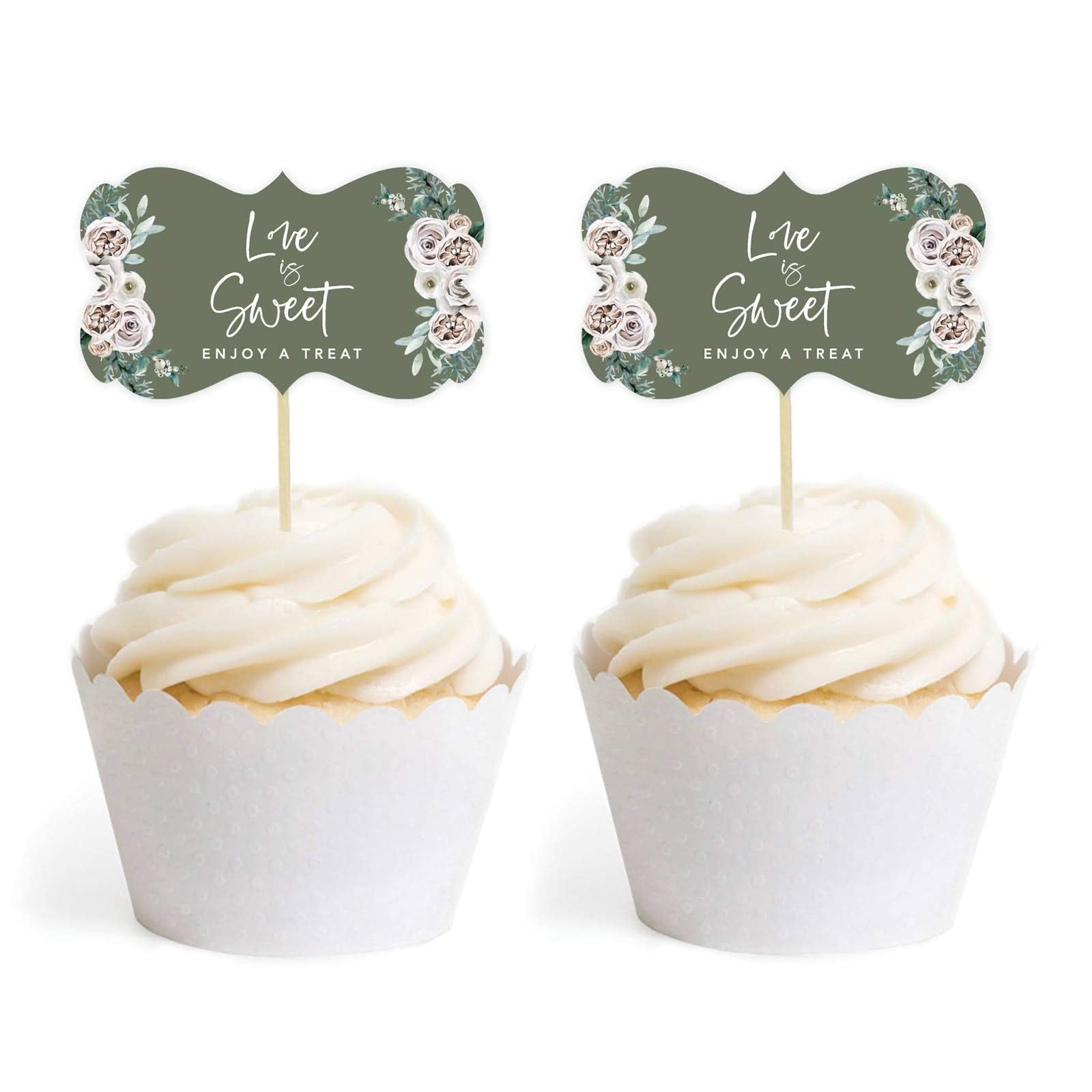 Andaz Press Sage Green with Cream Floral Blossoms Fall Wedding Party Collection, Cupcake Topper DIY Party Favor Kit, Fancy Frame Shape, Love is Sweet