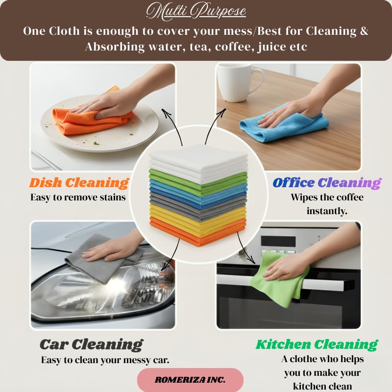 ROMERIZA INC. 6?Pack Microfiber Cleaning Cloths - Reusable, Lint?Free Multi?Color Towels for Kitchen, Car, Glass & Bathroom, Machine?Washable