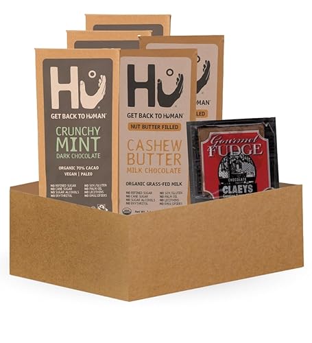 3x Hu Chocolate Crunchy Mint 2.1 oz and 2x Cashew Butter Milk Bar 2.1oz Bundle with Claeys Old Fashioned Chocolate Fudge 1.75 oz - Organic Vegan