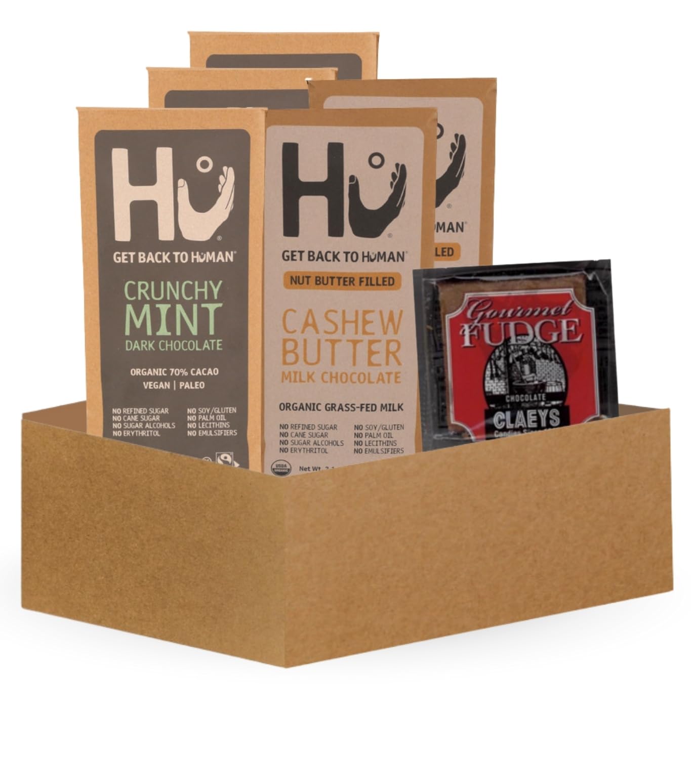 3x Hu Chocolate Crunchy Mint 2.1 oz and 2x Cashew Butter Milk Bar 2.1oz Bundle with Claeys Old Fashioned Chocolate Fudge 1.75 oz - Organic Vegan