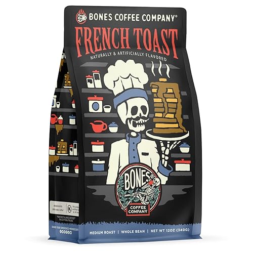 Bones Coffee Company French Toast, Sweet and Buttery Flavored Coffee, Medium Roast Low Acid Arabica Beans Compatible with Auto drip and French Press