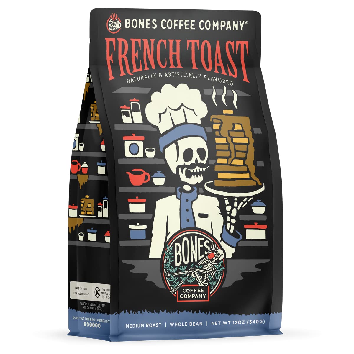 Bones Coffee Company French Toast, Sweet and Buttery Flavored Coffee, Medium Roast Low Acid Arabica Beans Compatible with Auto drip and French Press