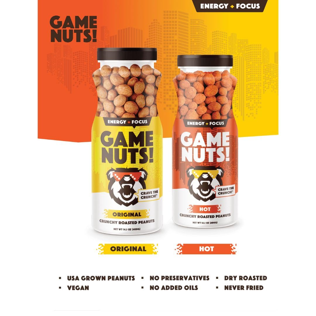 GAME NUTS Original Crunchy Roasted Peanuts, Baked Not Fried, Vegan Snack, Protein-Packed Energy Boost, Guilt-Free Crunch, 14.1oz Jar (6-Pack)