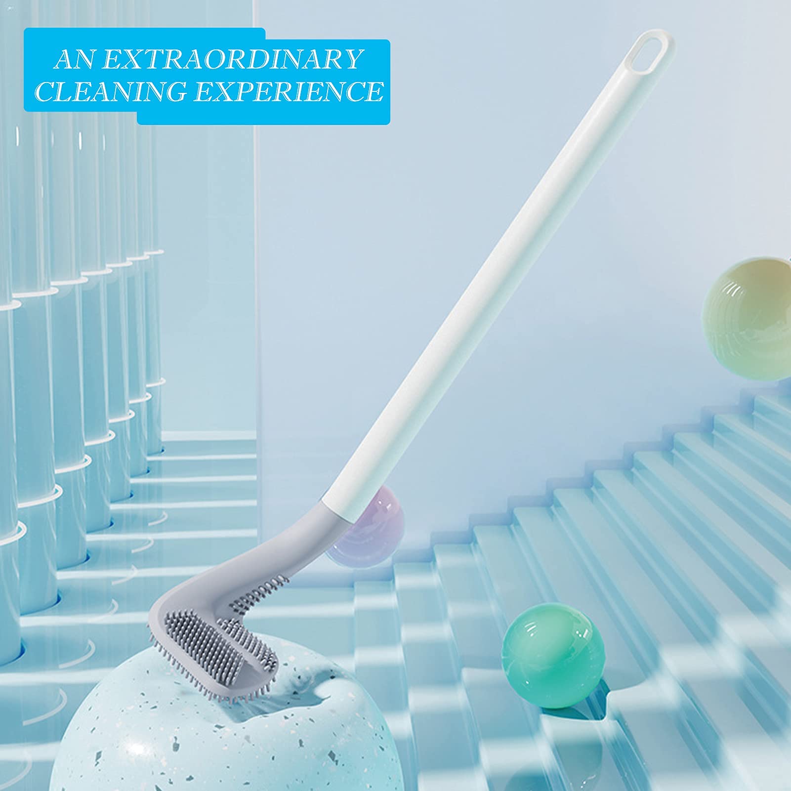Canvall Long-Handled Silicone Toilet Bowl Cleaning Brush with Wall Hook, Bathroom Toilet Scrubber Set with Golf Brush Head, Wall Mounted Without