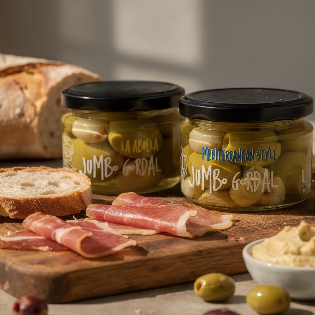 Spanish Olives Pitted | “La Abuela” and “Mediterranean Style” Marinades | Jumbo Gordal Selection | Mixed Olives for Cocktails, Snacking