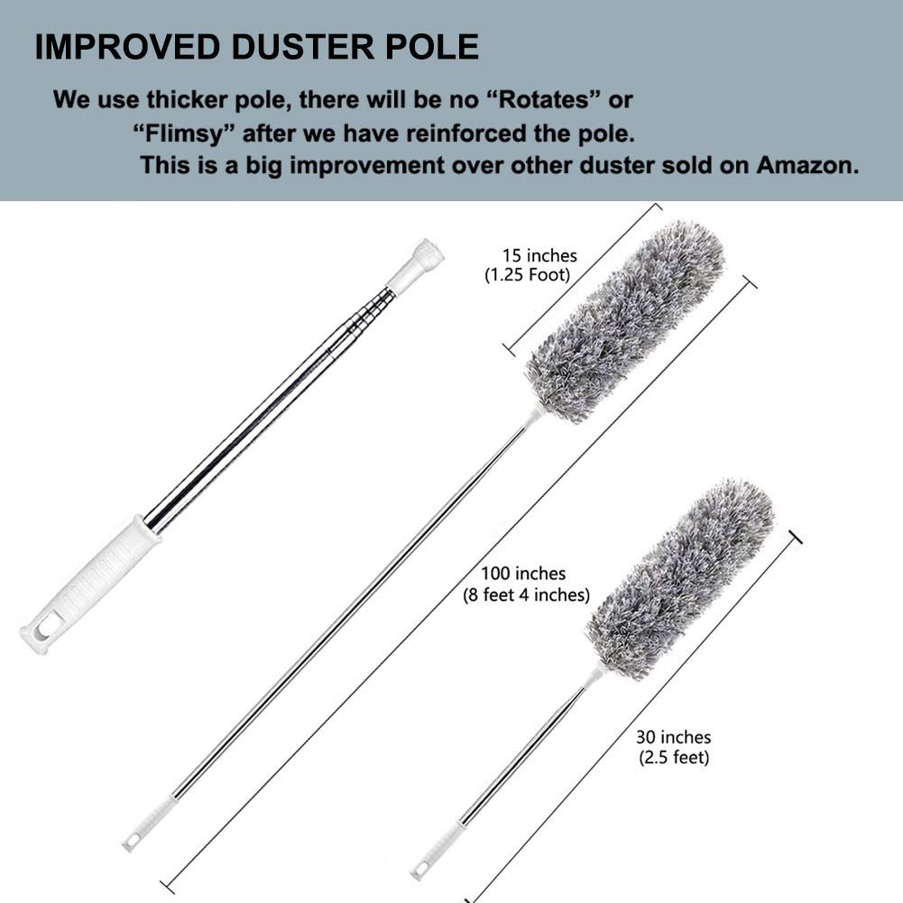HEOATH Microfiber Feather Duster with Extendable Pole, 30-100 inches Extra Long Cobweb Duster for Cleaning, Bendable Head, Non-Scratch, Washable
