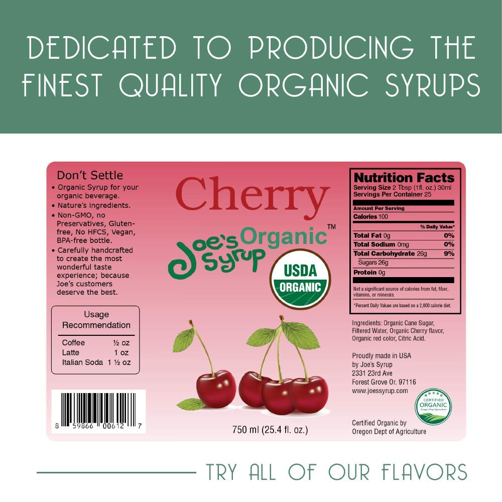 Joe’s Syrup Organic Flavored Syrup, Organic Cherry, 750 ml (3 Pack)