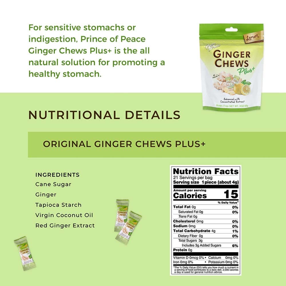 Prince of Peace Ginger Chew Plus+ with Lemon, 3 oz. Bag - Digestive Aid, Relief, Healthy Candy, Stomach Aid