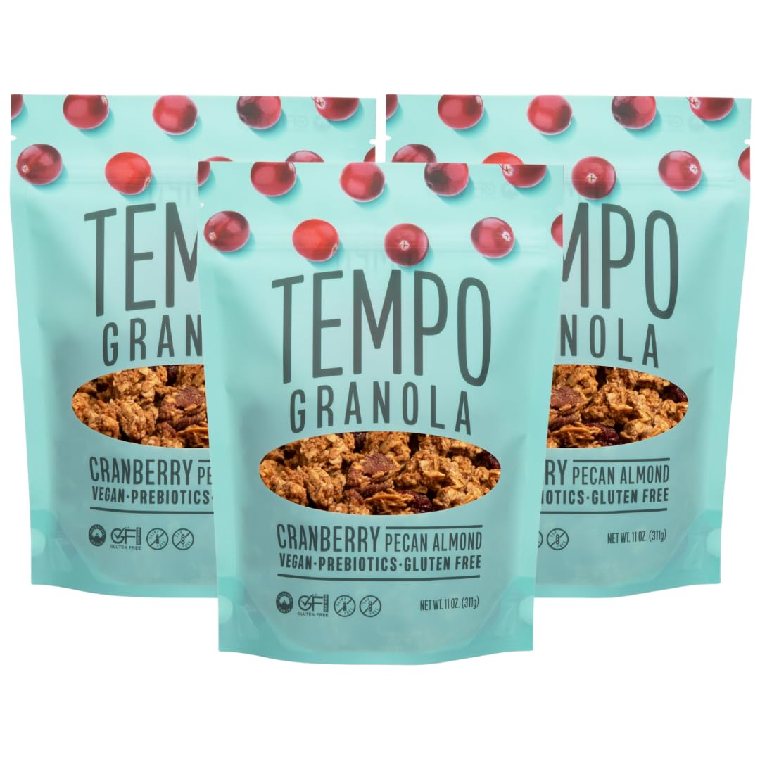 Tempo Granola Cranberry Pecan Almond Loose Granola - 3 Pack of 11 oz Bags - Nutrient-Rich, Gluten Free, Vegan, Oats, High Protein, Low Sugar, Vegan