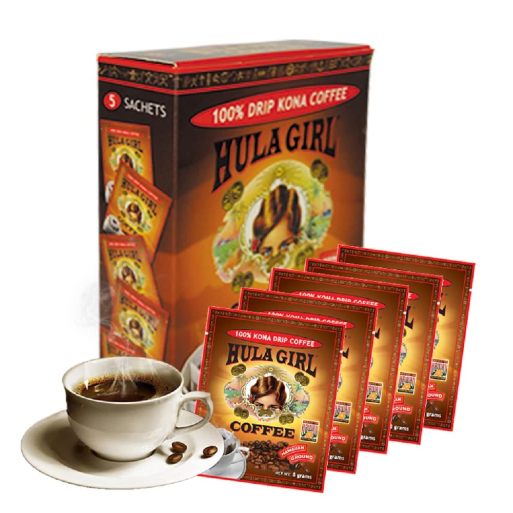 Hula Girl 100% Kona Drip Coffee Single Serve Pour Over, Box of 5 Sachets, Net Wt: 1.41oz (40g)