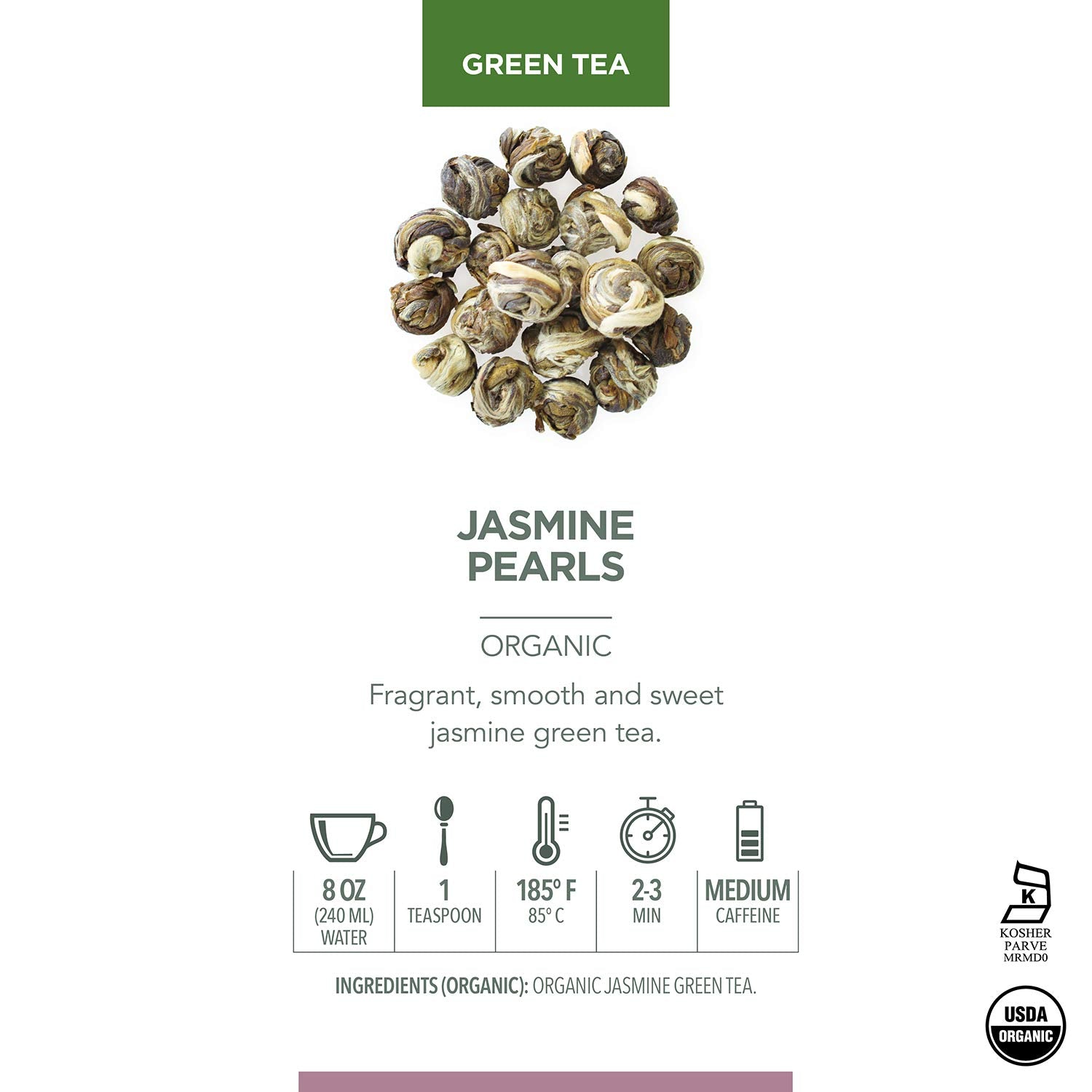 Teabloom Organic Green Tea, Jasmine Pearls Loose Leaf Tea, Captivating and Aromatic Jasmine Tea, USDA Certified Organic and Kosher, 5.29 oz/150 g