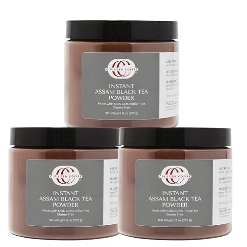 Civilized Coffee Instant Assam Black Tea Powder - For Hot Tea, Iced Tea & Baking, 8 oz Jars (Pack of 3)