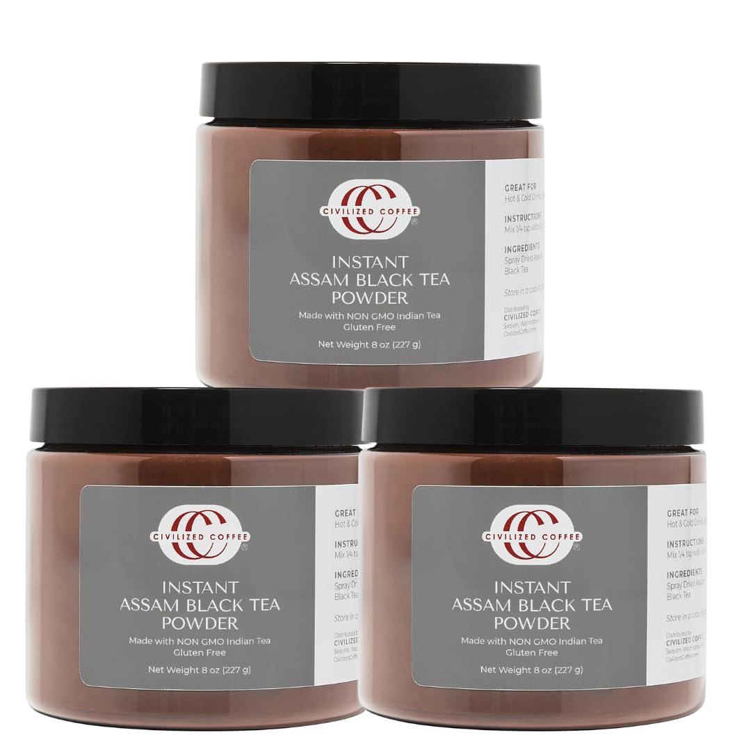 Civilized Coffee Instant Assam Black Tea Powder - For Hot Tea, Iced Tea & Baking, 8 oz Jars (Pack of 3)