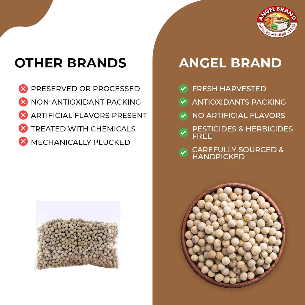 Angel Brand White Peppercorns Whole - 22 oz Bottle - Premium Pepper Corn for Grinder Refill, Perfect for Cooking and Seasoning.