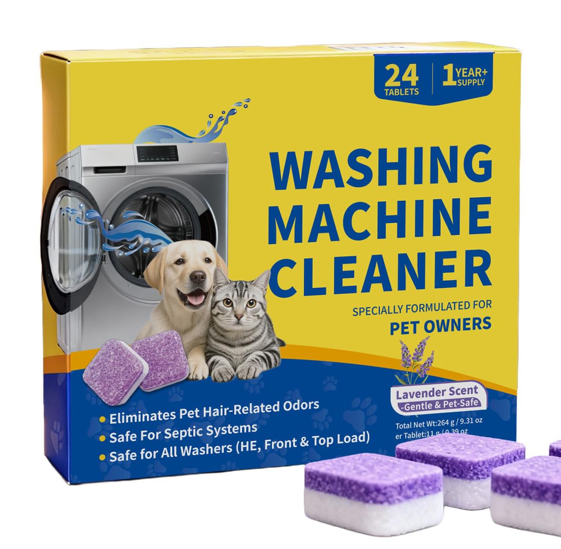 TXYXT 24 Count Washing Machine Cleaner for Pet Hair Relief Tablets - HE-Safe, Septic-Safe, Lavender Scent, 1-Year+ Supply, Pet-Friendly Washer Cleaner