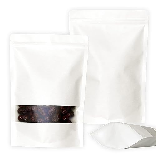 SumDirect Kraft Stand Up Pouches - 50 Pack 5.9x8.6 Inch White Self-Sealing Zipper Food Storage Reusable Sealable Bags with Window for Home or Business