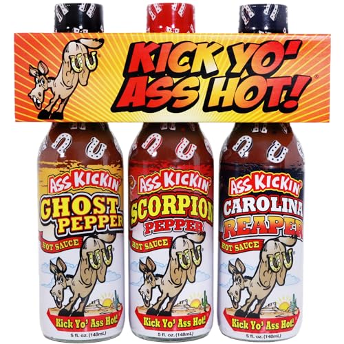 Kick Yo' As Hot Sauce Bottles Gift Set - Ghost Pepper, Scorpion and Carolina Reaper Hot Sauces - Try if you dare! - Perfect Stocking Stuffers or