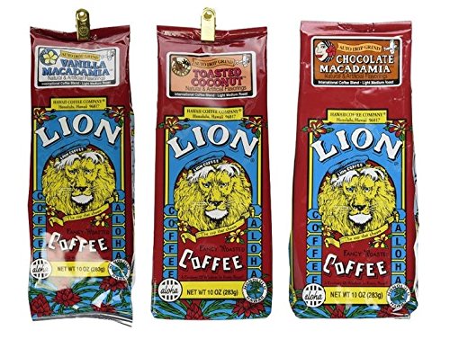 Lion Coffee 3 Flavor Bundle-10 oz Grind (Chocolate Macadamia, Vanilla Macadamia, & Toasted Coconut)