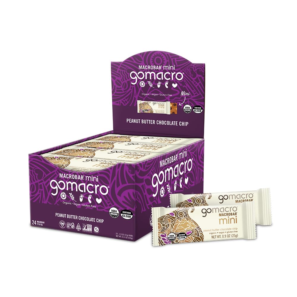 GoMacro MacroBar Mini Organic Vegan Snack Bars - Peanut Butter Chocolate Chip (0.90 Ounce Bars, 24 Count)