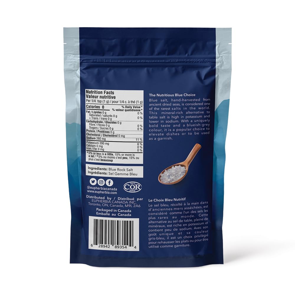 EUPHERBIA Blue Salt, Coarse, Rare Mineral Salt, High Potassium, Lower Sodium, Natural, Unprocessed, Hand Harvested, Kosher Certified (2lb Coarse