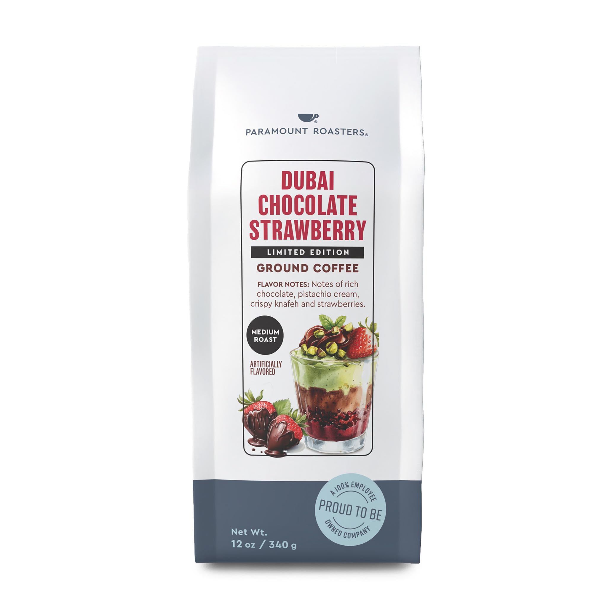 Paramount roasters Limited Edition Dubai Chocolate Strawberry Flavored Ground Coffee, 12oz Medium Roast