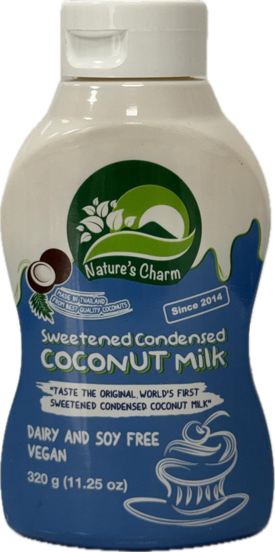 Nature's Charm Sweetened Condensed Coconut Milk, NEW Squeeze Bottle , Dairy and Soy FREE, Vegan, Lactose FREE, Gluten FREE. Rich Coconut Flavor, Good Soure of Calcum-11.25 Ounce (Pack of 2) Combo With FREE KC Commerce Wooden Spoon (2)