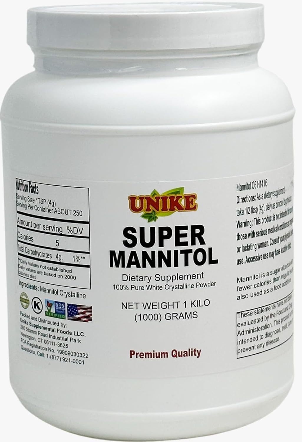 Unike Nutra Mannitol Powder - Mannitol Sweetener, Sugar Substitute, Mannitol Supplement, Natural & Gluten Free, 4g per Servings, Premium Mannitol