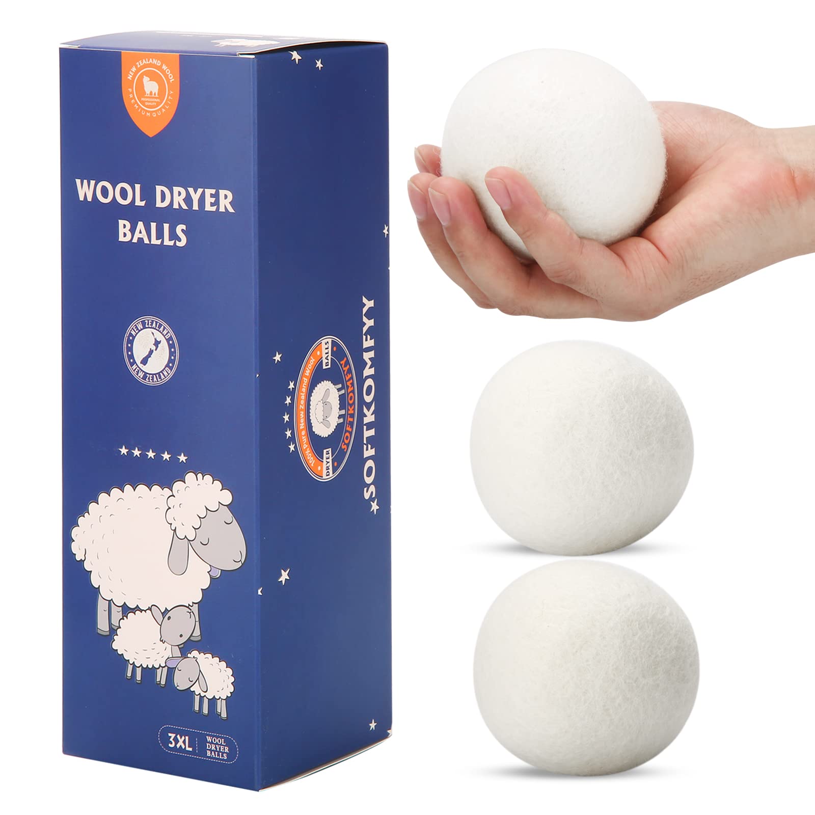 Wool Dryer Balls Handmade 3 Pack XL,Organic Laundry Dryer Balls,100% New Zealand Wool Natural Fabric Softener,Reusable 1000 Loads,Wrinkles Free