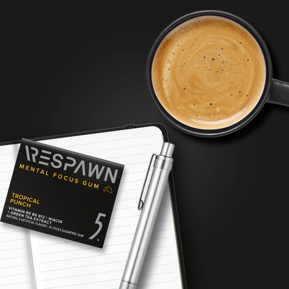 RESPAWN by 5 GUM Mental Focus Gum, Tropical Punch Sugar Free Chewing Gum, 15 Sticks