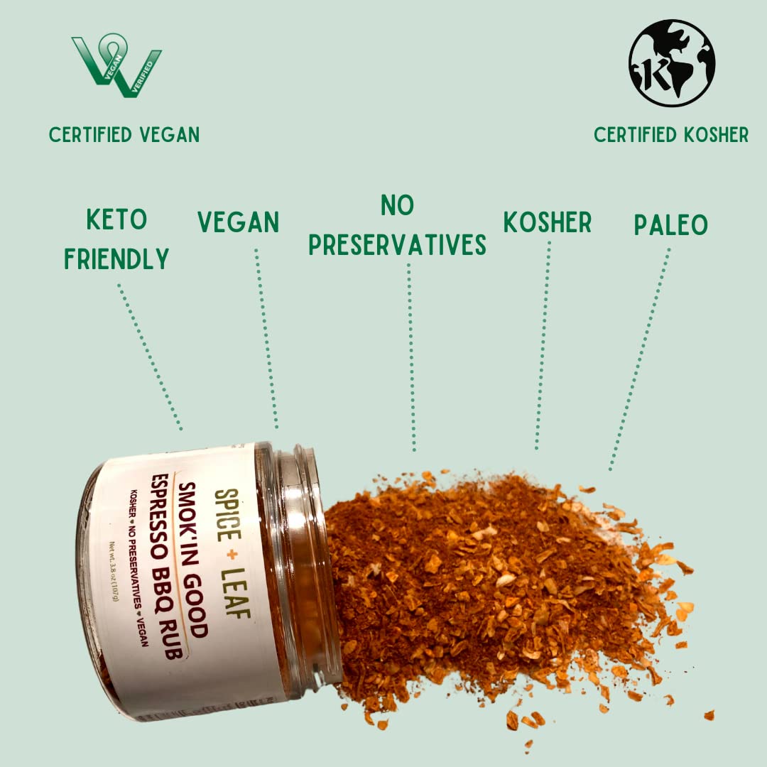 Premium Espresso BBQ Rub by Spice + Leaf - Vegan Kosher and Preservatives Free Spice Blend for Meat, Chicken, Fish, Seafood, and Vegetables, 3.8 oz