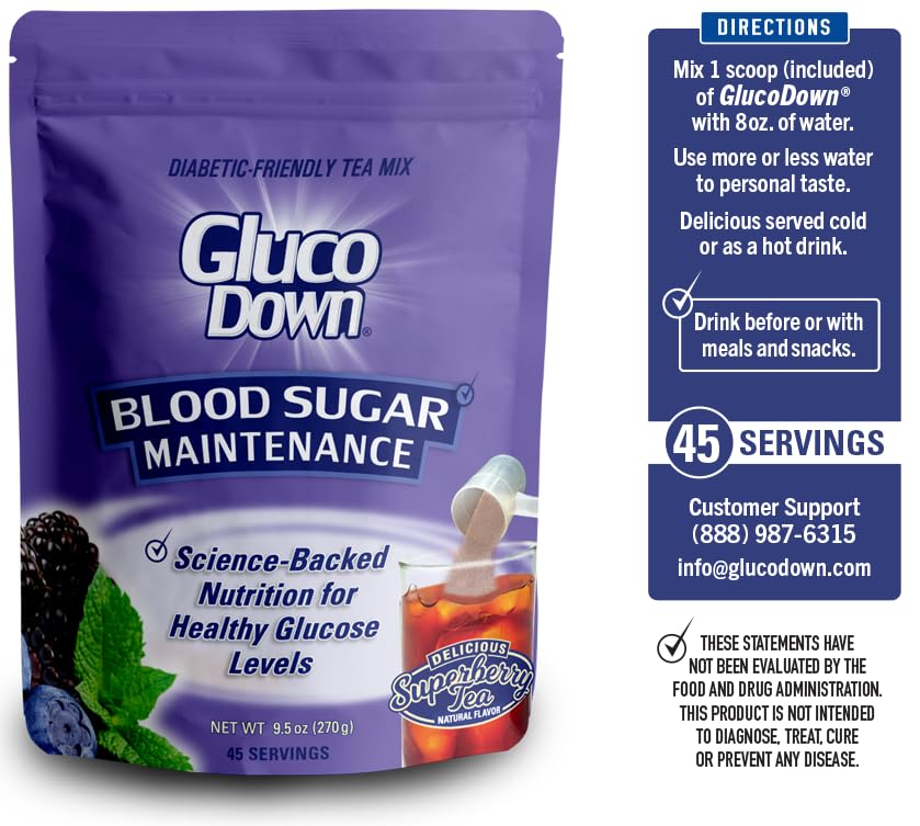 GLUCODOWN, Delicious Super Berry Tea Mix, Patent Pending Dietary Fiber Formula for Maintenance of Healthy Blood Sugar & Cholesterol, 45 Servings.