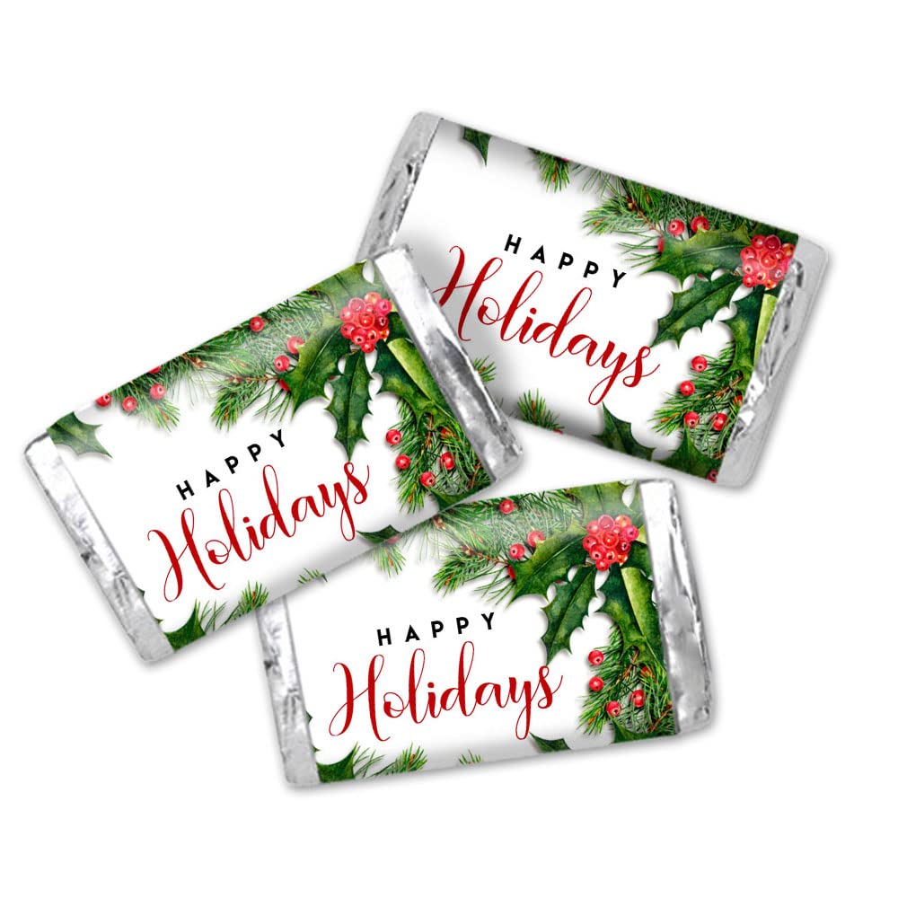 Holiday Holly and Pine Miniature Chocolate Candy Bar Sticker Wrappers, 45 Wrap Around Labels Sized 1.4" x 2.6" by AmandaCreation, Great for Holiday