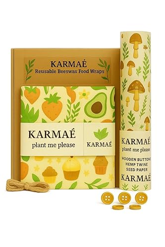 KARMAÉ Reusable Beeswax Food Wraps - 3 Pack & Roll (16.9"-39") | Sustainable Eco-Friendly Wraps for Food Storage | Natural Beeswax Wraps with Seed