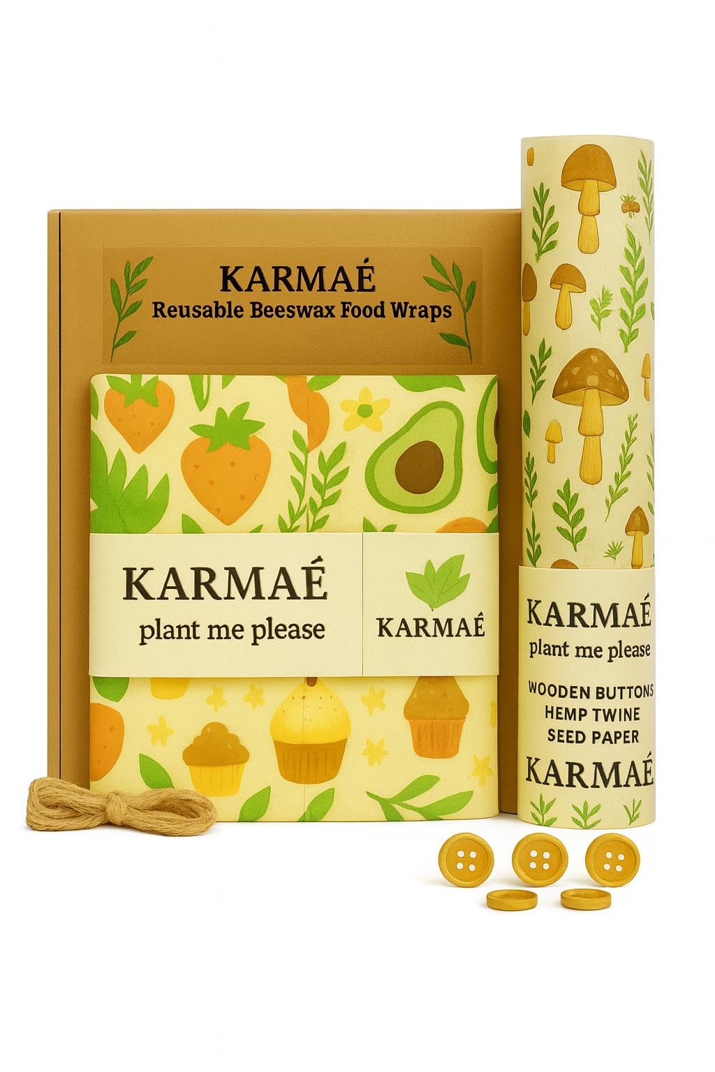 KARMAÉ Reusable Beeswax Food Wraps - 3 Pack & Roll (16.9"-39") | Sustainable Eco-Friendly Wraps for Food Storage | Natural Beeswax Wraps with Seed