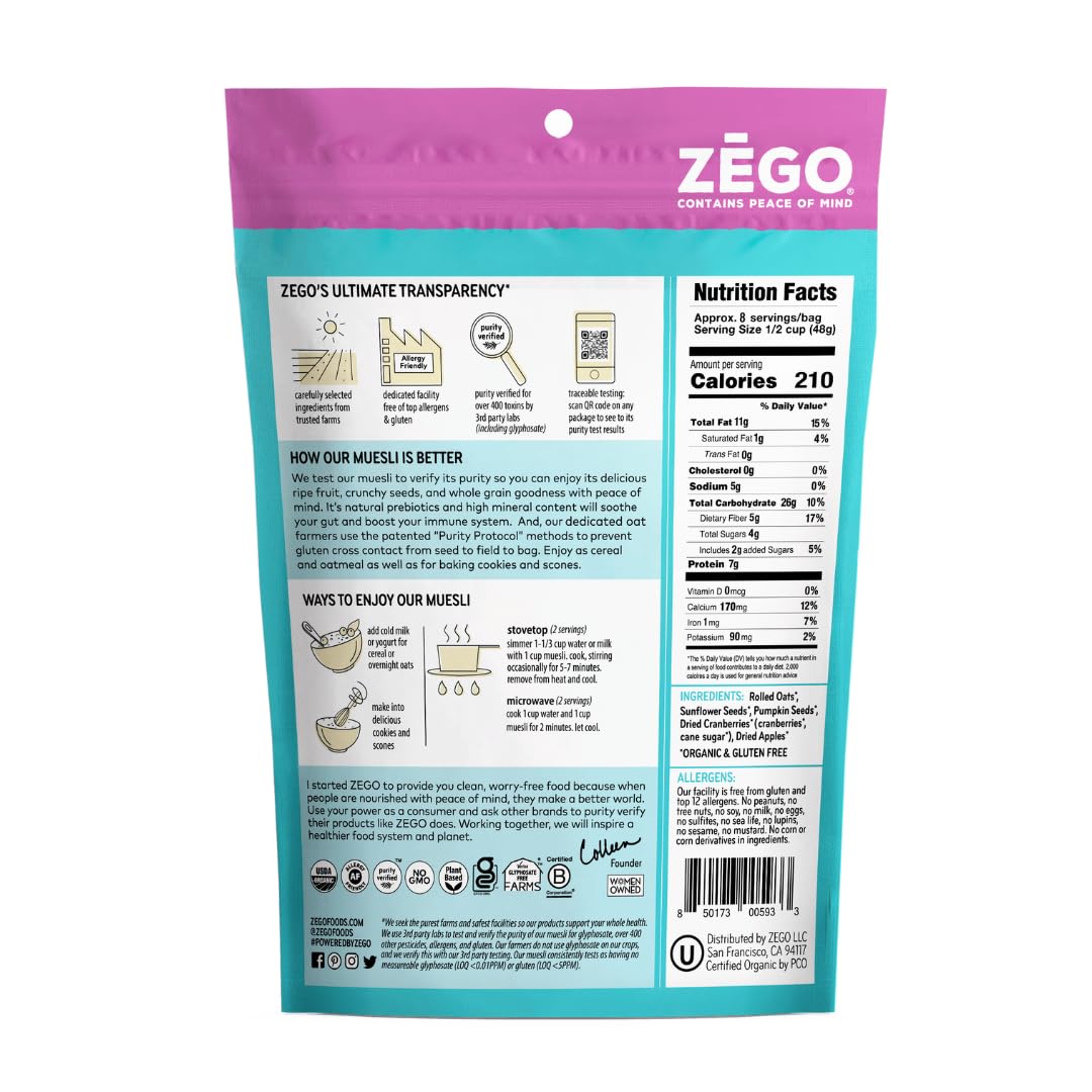 ZEGO Foods Organic Superfood Oatmeal & Muesli, Certified Gluten Free (Apple Cranberry) 13oz